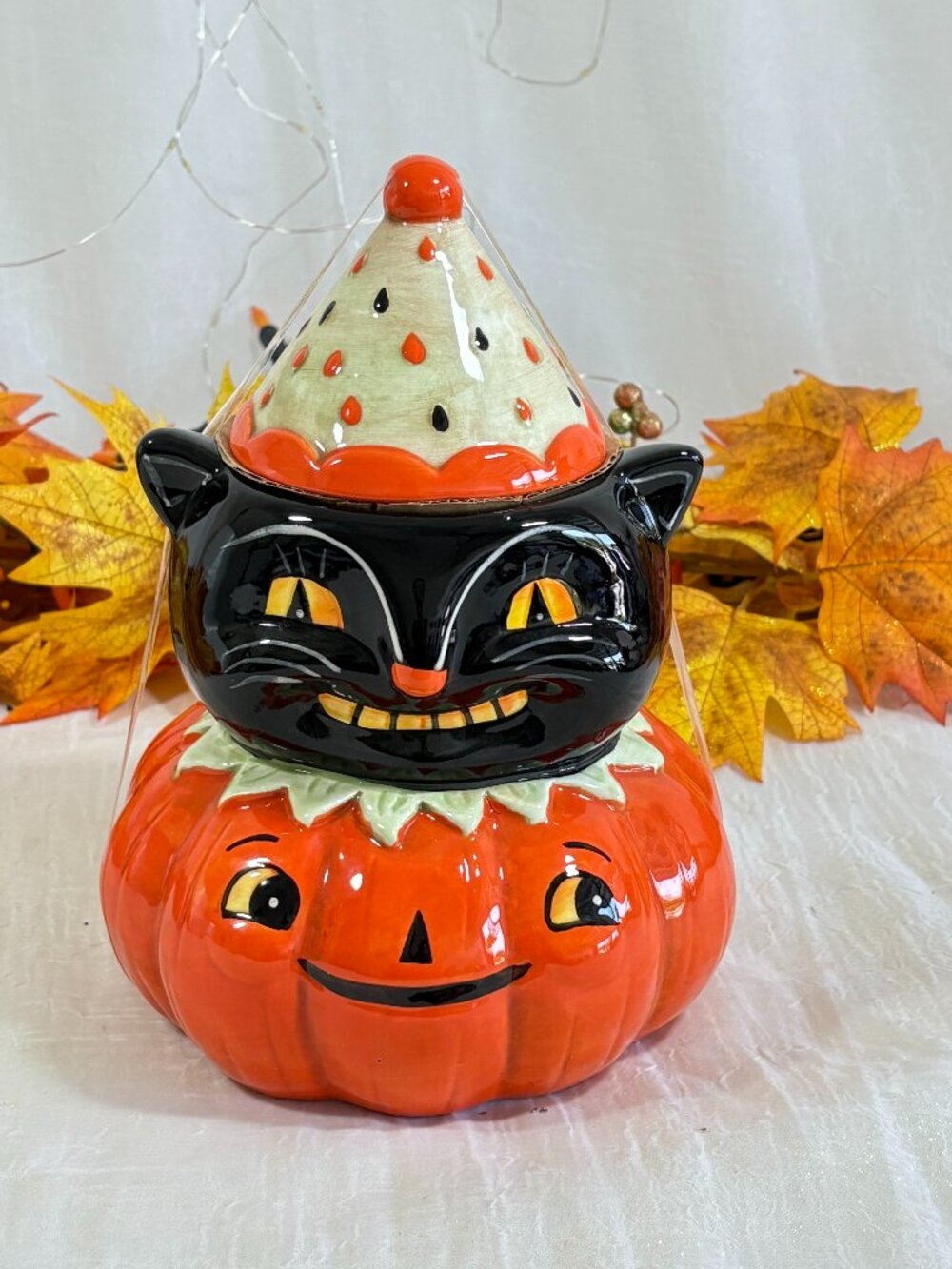 Whimsical Johanna Parker Halloween Cat Pumpkin 9” Cookie Jar 2026 Transpac New